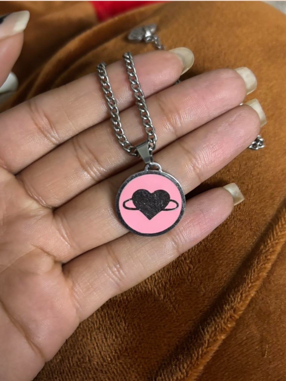 Pink Heart Planet Pendant Necklace - Stainless Steel Chain